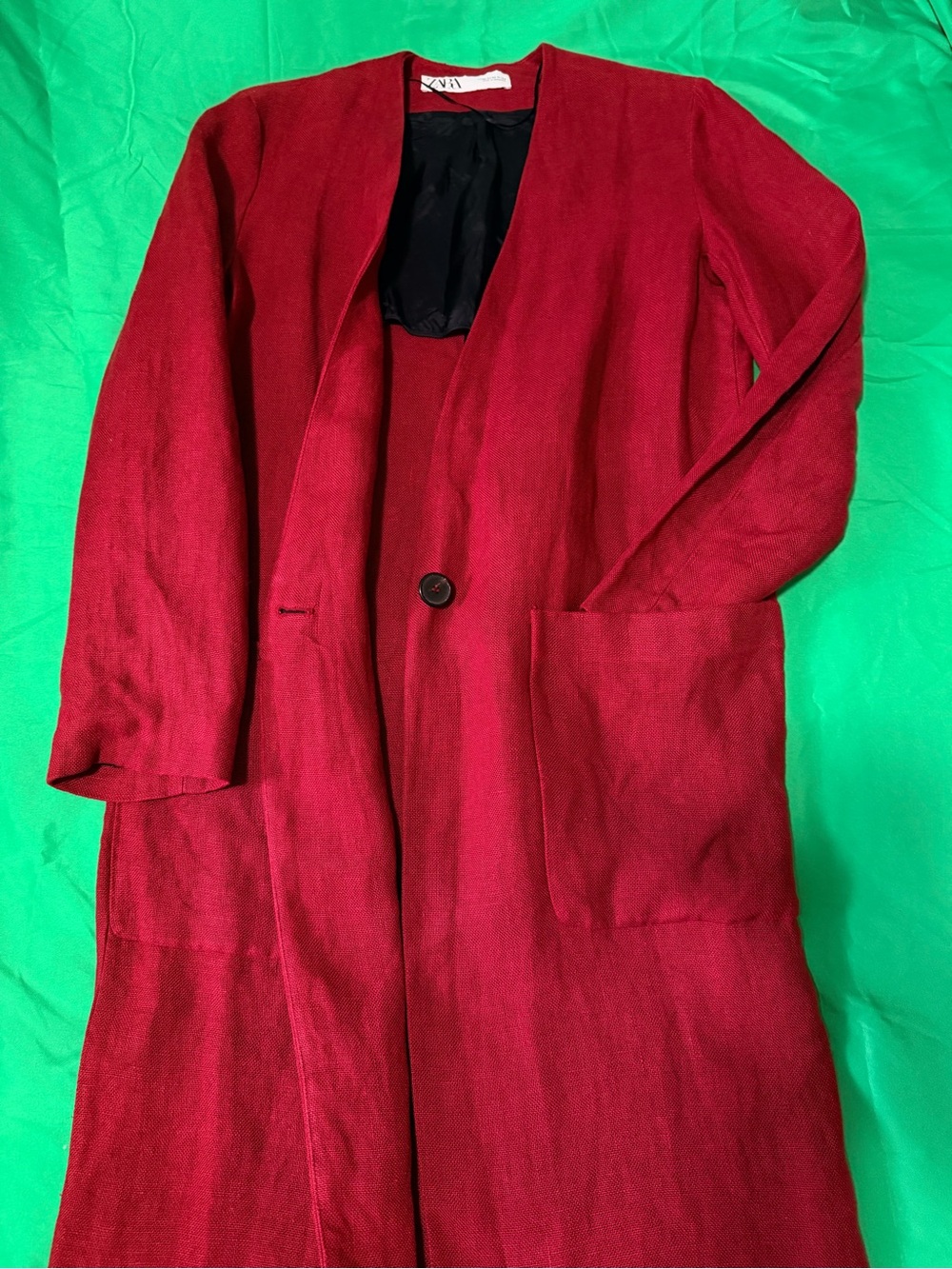 Zara Linen Red Open-Front Long Robe Coat - Picture 3 of 8
